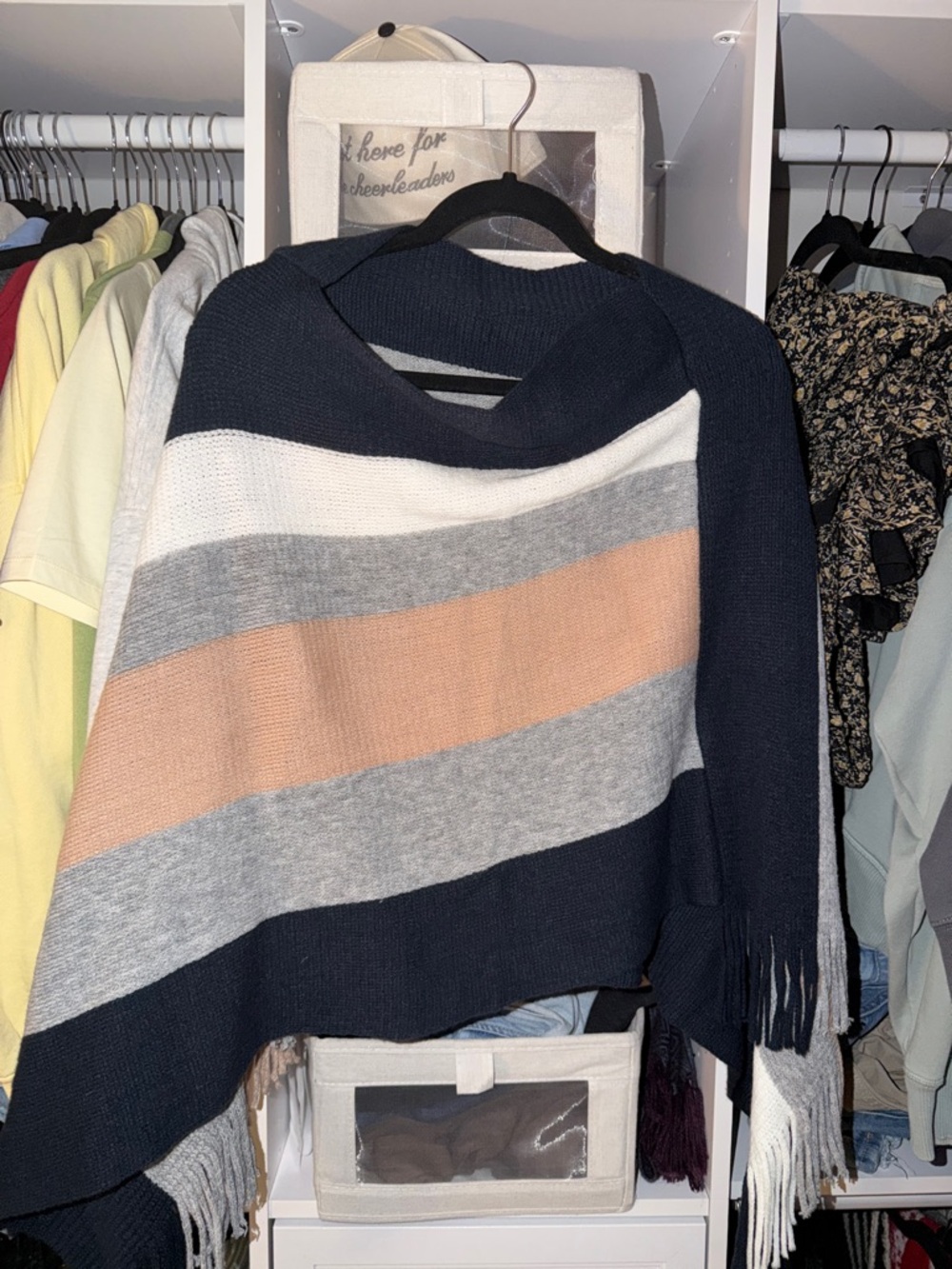 Striped Fringe Knit Poncho Sweater - Navy, Gray & Peach
